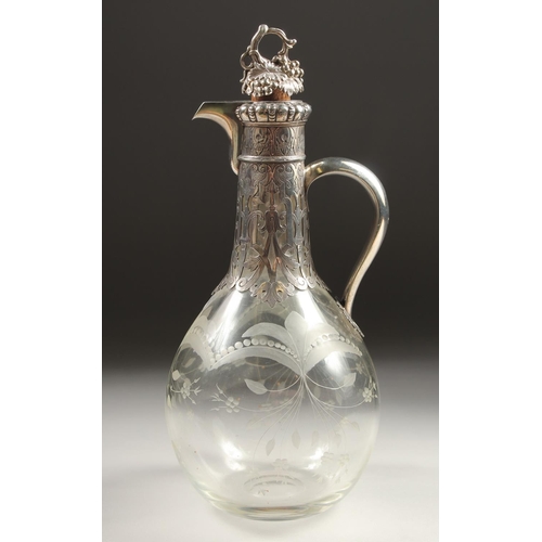 1891 - A VERY GOOD VICTORIAN CLARET JUG BY GEORGE FOX with etched glass and engraved and silver mounts, wit... 