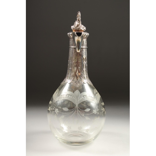 1891 - A VERY GOOD VICTORIAN CLARET JUG BY GEORGE FOX with etched glass and engraved and silver mounts, wit... 