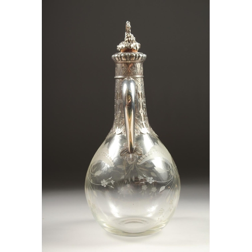 1891 - A VERY GOOD VICTORIAN CLARET JUG BY GEORGE FOX with etched glass and engraved and silver mounts, wit... 