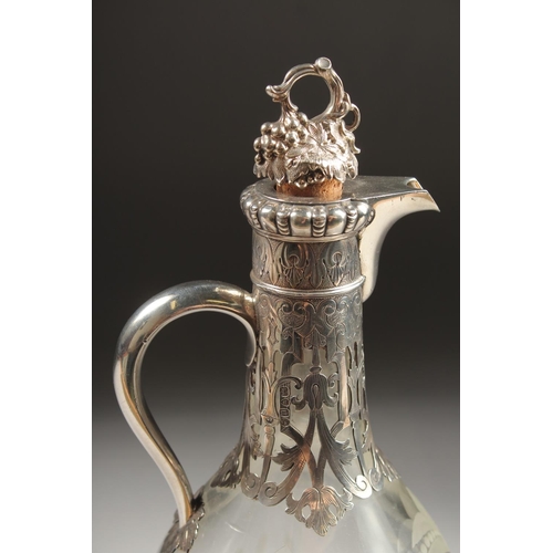 1891 - A VERY GOOD VICTORIAN CLARET JUG BY GEORGE FOX with etched glass and engraved and silver mounts, wit... 