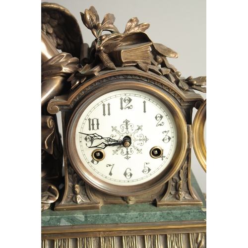 1279 - A SUPERB FRENCH BRONZE AND MARBLE CLOCK, with a large bronze cupid holding a feather, with drum move... 