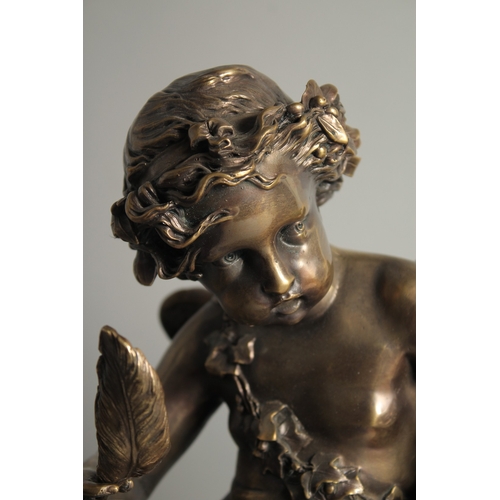 1279 - A SUPERB FRENCH BRONZE AND MARBLE CLOCK, with a large bronze cupid holding a feather, with drum move... 