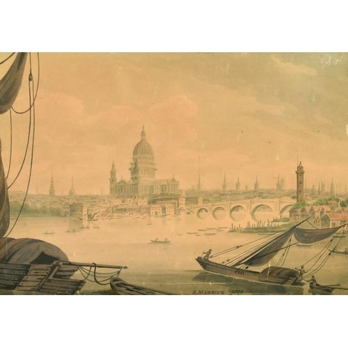 134 - R. Merrick (19th Century) A view across the Thames towards St. Paul's, watercolour, signed and dated... 