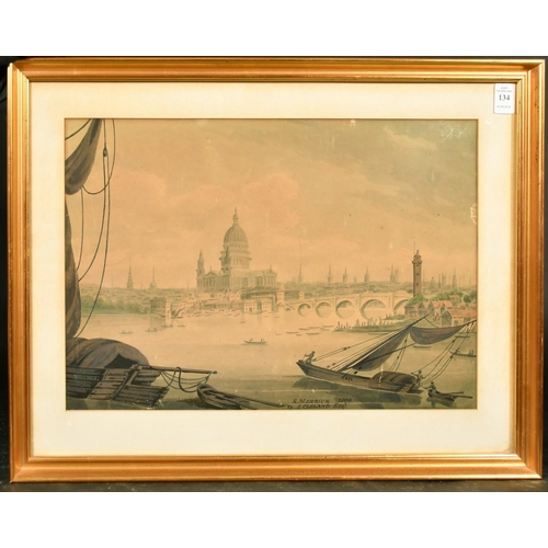 134 - R. Merrick (19th Century) A view across the Thames towards St. Paul's, watercolour, signed and dated... 