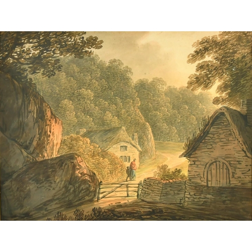 135 - W. Payne, A lady and child on a country path near buildings, watercolour, 11.25