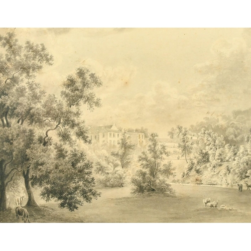 136 - Circle of S.H. Grimm, A wooded landscape with a distant country house, grey wash, 9