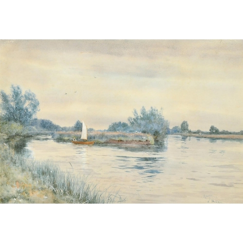 145 - Robert W. Fraser (1848-1906) British, 'At Moulsey', a sailboat on a river, watercolour, signed and i... 