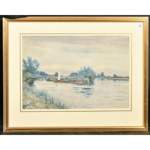 145 - Robert W. Fraser (1848-1906) British, 'At Moulsey', a sailboat on a river, watercolour, signed and i... 