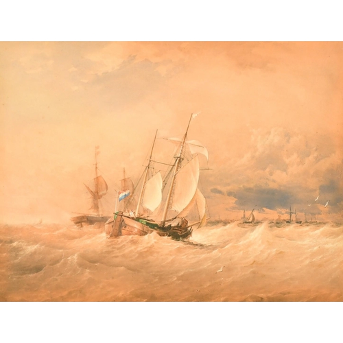 153 - 19th Century Continental School, barges under sail in a heavy swell, watercolour, 15.5