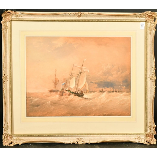 153 - 19th Century Continental School, barges under sail in a heavy swell, watercolour, 15.5