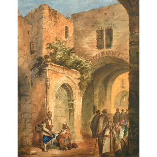 156 - J. Lepine, Circa 1875, Arab figures gathered beneath an archway in a North African town, watercolour... 