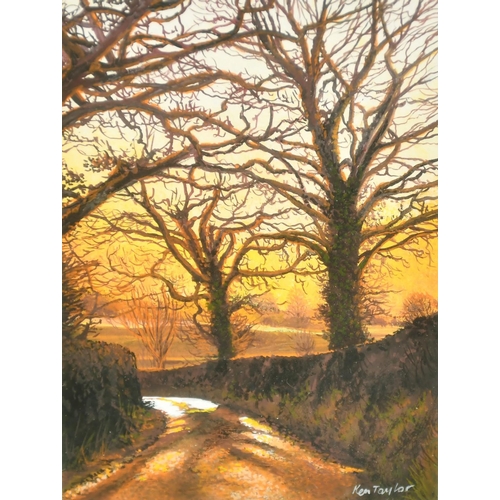 161 - Ken Taylor (b. 1939) British, a view of a lane at dusk and another of a lane in winter, gouache, sig... 