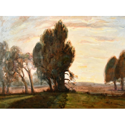 194 - John Brown (20th Century), a tree lined landscape at dusk, oil on board, signed with initials, with ... 