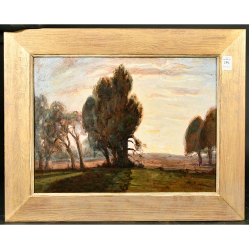 194 - John Brown (20th Century), a tree lined landscape at dusk, oil on board, signed with initials, with ... 