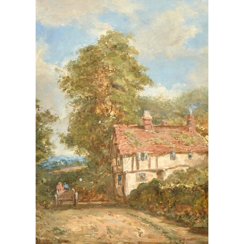 197 - English School, Circa 1900, figures in a cart on a country lane passing a cottage, oil on board, 10