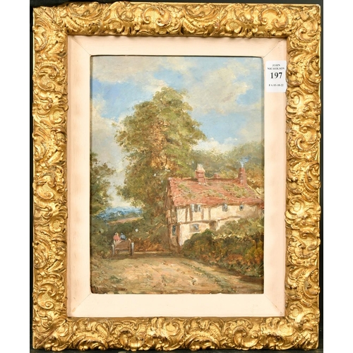 197 - English School, Circa 1900, figures in a cart on a country lane passing a cottage, oil on board, 10