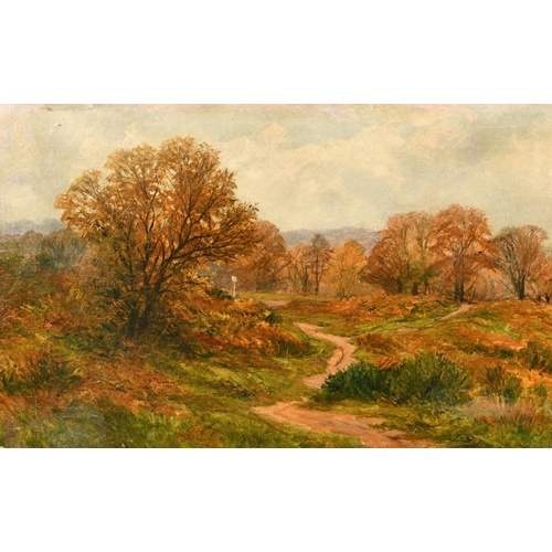 198 - Cecil Lawson (late 19th Century), a pathway through open moorland, oil on canvas, inscription verso,... 