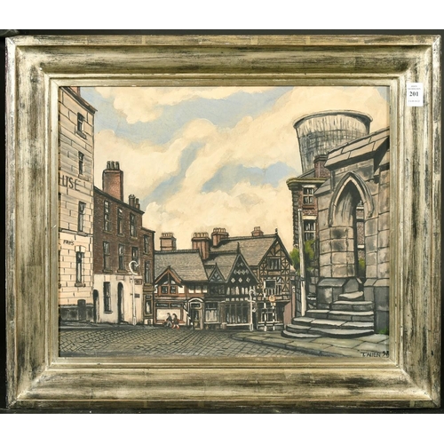 201 - Terry Allen (20th Century) British, a Stockport Street view, oil on board, signed and dated with ins... 