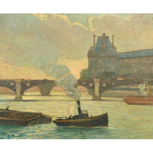 207 - Continental School, circa 1907, barges on the River Seine with a bridge beyond, oil on canvas, indis... 