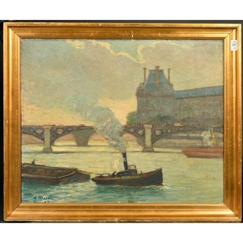 207 - Continental School, circa 1907, barges on the River Seine with a bridge beyond, oil on canvas, indis... 