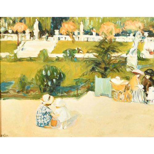 211 - French School, Circa 1900, figures gathered in a formal park, oil on carton, indistinctly signed, 8