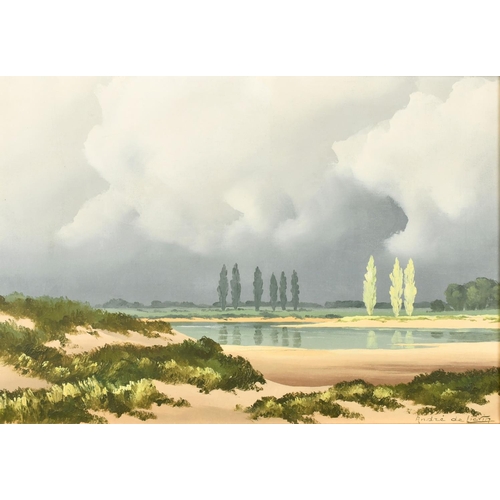 212 - Pierre de Clausade (1910-1975) French, tall trees by an estuary beneath breaking skies, oil on canva... 