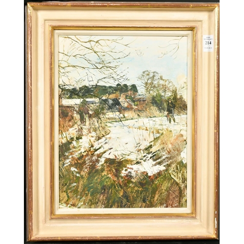 214 - Olwyn Bowey (b. 1936), a hunter in a snowy landscape, oil on board, signed with initials, 12.75