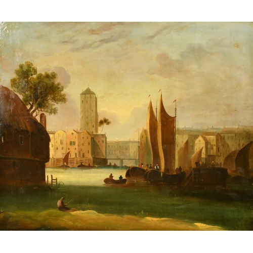 217 - Early 19th Century Dutch School, figures on sailboats on a town quay, oil on canvas, 20