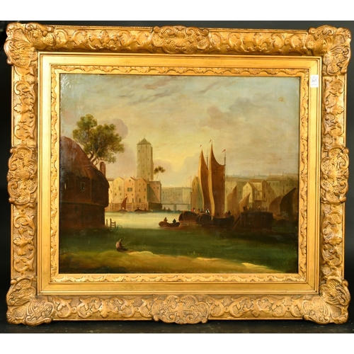 217 - Early 19th Century Dutch School, figures on sailboats on a town quay, oil on canvas, 20