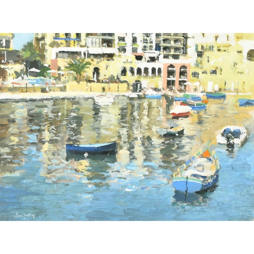 218 - John Yardley (b. 1933) British, 'St Julian's Malta', a Malta view, oil on board, signed, 18