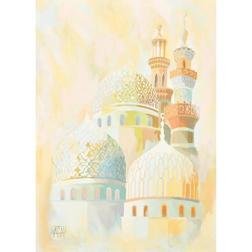 368 - 20th Century, a study of Arab buildings of worship, oil on canvas, indistinctly signed, 31.5