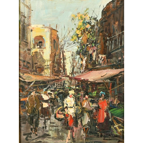 370 - 20th Century, figures walking in a busy street market, oil on panel, indistinctly signed, 16