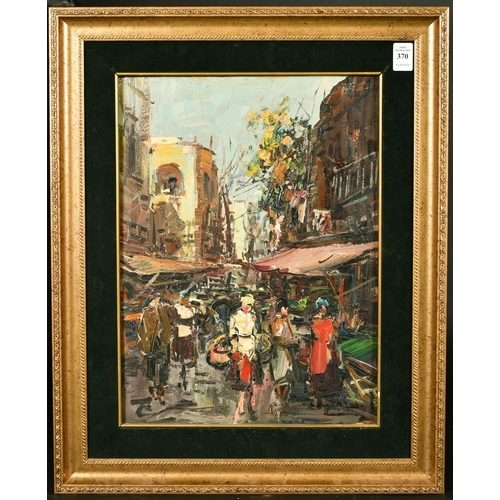 370 - 20th Century, figures walking in a busy street market, oil on panel, indistinctly signed, 16