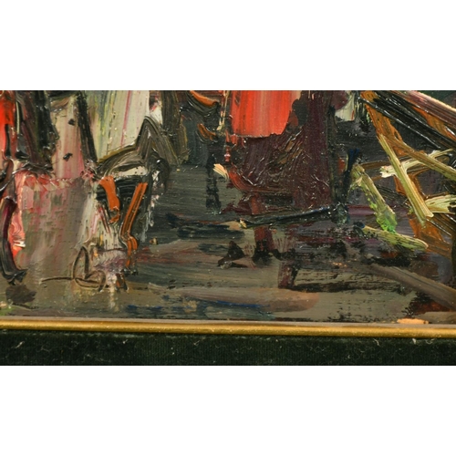 370 - 20th Century, figures walking in a busy street market, oil on panel, indistinctly signed, 16