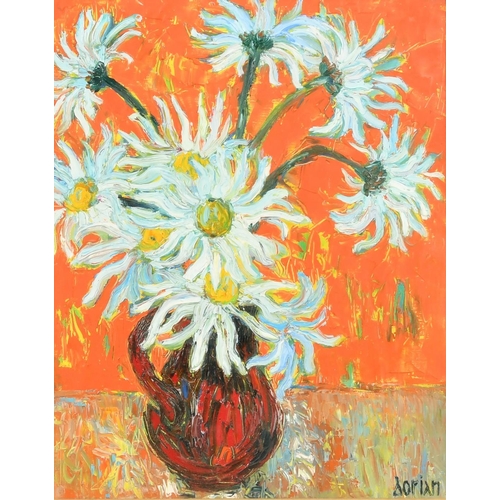 375 - Pierre Dorian (b. 1914) French, a vibrant still life of daisies on an orange background, oil on boar... 