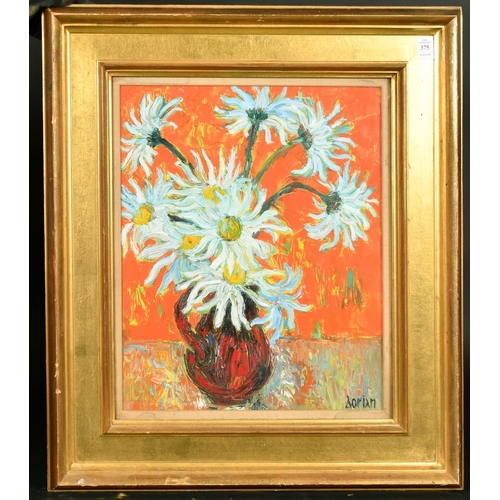 375 - Pierre Dorian (b. 1914) French, a vibrant still life of daisies on an orange background, oil on boar... 