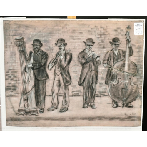 57 - Felix, circa 1982, a group of 5 charcoal drawings of figures in town settings, each 10.75