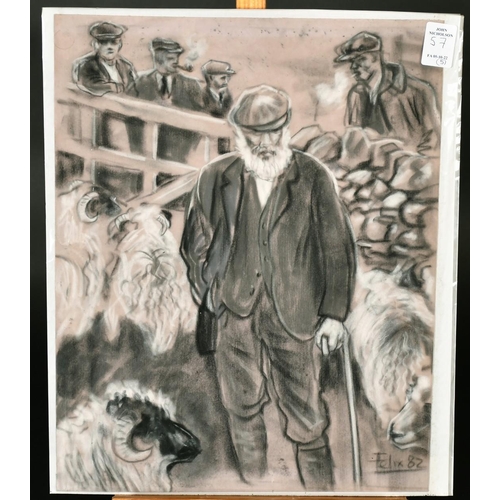 57 - Felix, circa 1982, a group of 5 charcoal drawings of figures in town settings, each 10.75