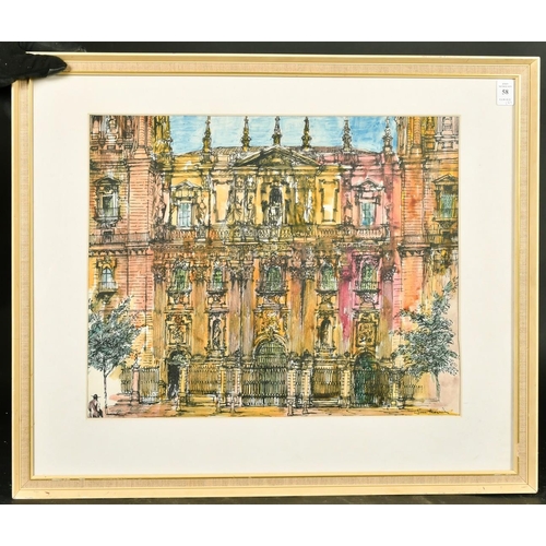 58 - Jim Morris (20th Century), two architectural drawings, ink and watercolour, one 15