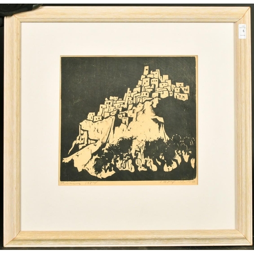 6 - Jacob Pins (1917-2005), a hillside village, woodcut, signed in pencil and dated 1954, 10.5