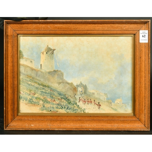 62 - 19th Century possibly French School, soldiers marching on a hillside pathway, watercolour, 7.5