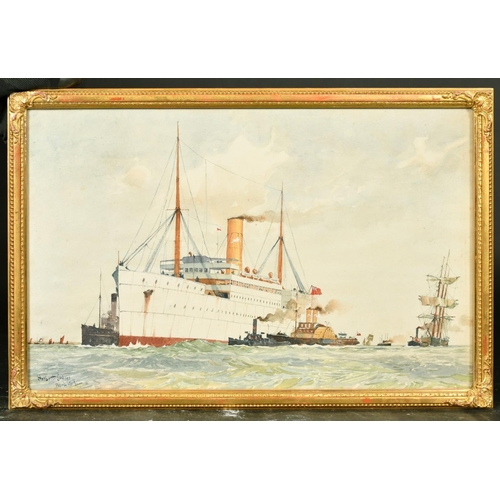 69 - Herbert Charles Ahier (1888-1976), a pair of watercolours of liners being towed by paddle tugboats, ... 