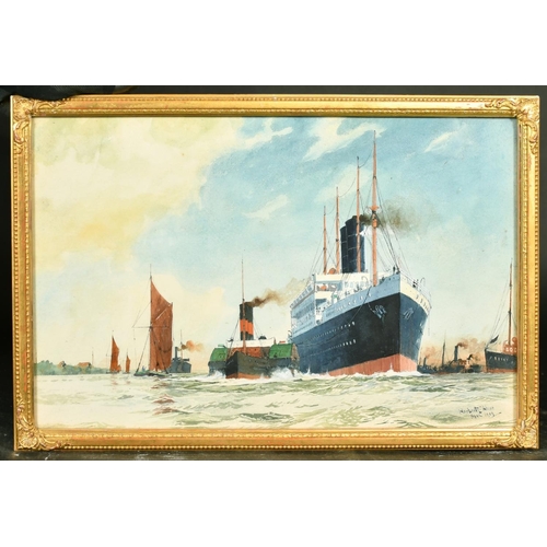 69 - Herbert Charles Ahier (1888-1976), a pair of watercolours of liners being towed by paddle tugboats, ... 