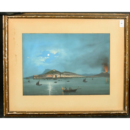 80 - 19th Century Neapolitan School, a pair of scenes of the Bay of Naples with Vesuvius erupting, gouach... 