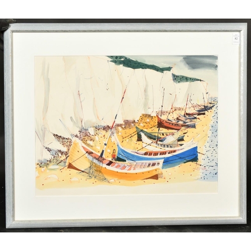 82 - Charles Levier (1920-2003) French, fishing boats beached beneath chalky cliffs, watercolour, signed,... 