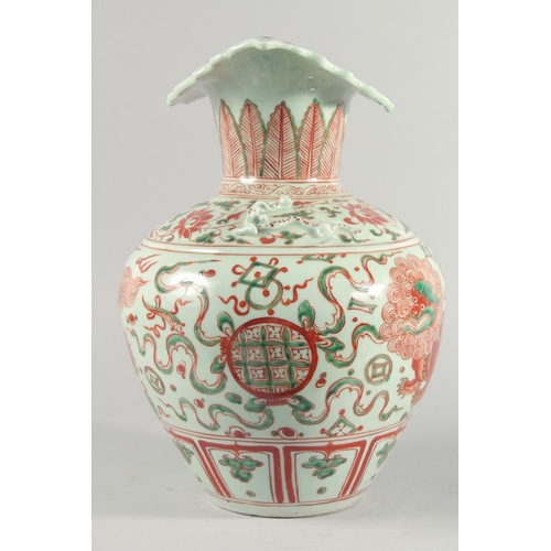 1 - A VERY LARGE CHINESE IRON RED AND GREEN PORCELAIN VASE, with unusual leaf-form rim, moulded chilong ... 