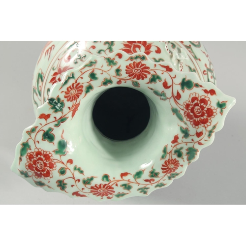 1 - A VERY LARGE CHINESE IRON RED AND GREEN PORCELAIN VASE, with unusual leaf-form rim, moulded chilong ... 