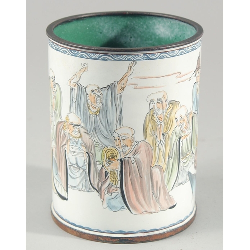 14 - A CHINESE ENAMELLED CYLINDRICAL POT, painted with various figures and inscribed, character mark to b... 