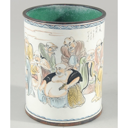 14 - A CHINESE ENAMELLED CYLINDRICAL POT, painted with various figures and inscribed, character mark to b... 