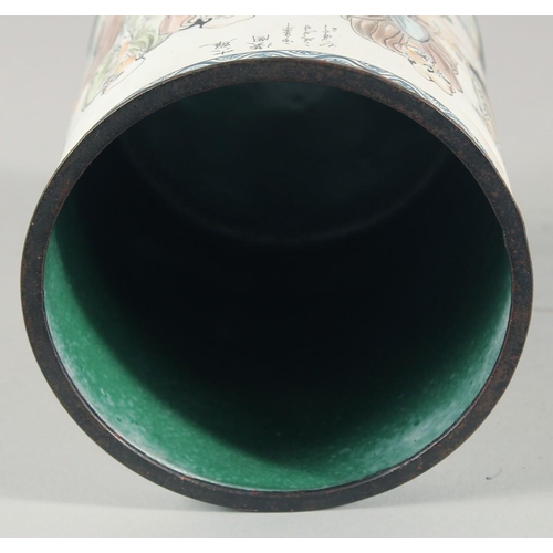 14 - A CHINESE ENAMELLED CYLINDRICAL POT, painted with various figures and inscribed, character mark to b... 